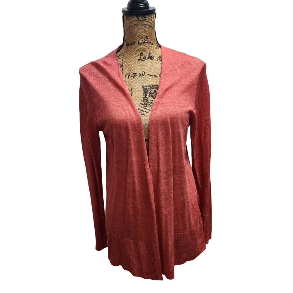 Eileen Fisher Linen Cardigan Sweater Coral Orange M Midi Open Front‎ Lightweight